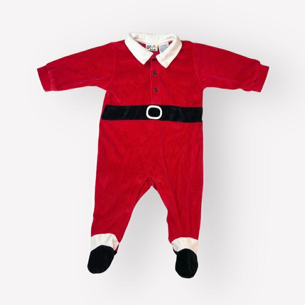 VTG Baby Boy Christmas Santa Fleece Winter Footed Jumper Outfit 6/9m Red Bunting
